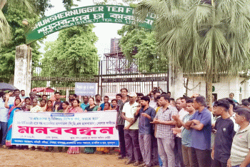 কমলগঞ্জে বন্ধ হাসপাতাল চালুর দাবিতে চা শ্রমিকদের মানববন্ধন